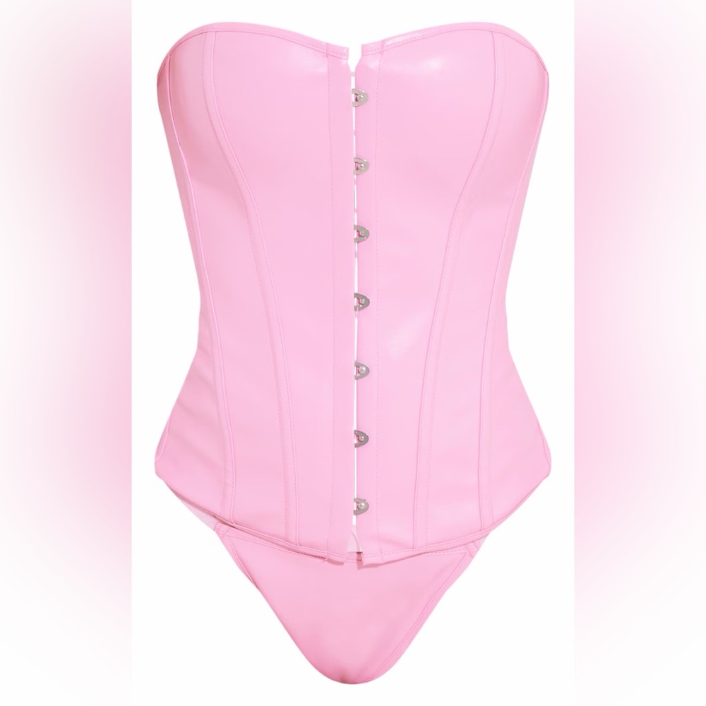 Pink Faux Leather Hook Front Corset Set - Picture 2 of 9